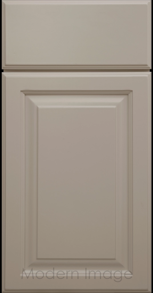 Hampton kitchen cabinets featuring raised panel doors and flat slab drawer fronts in a French Grey color.